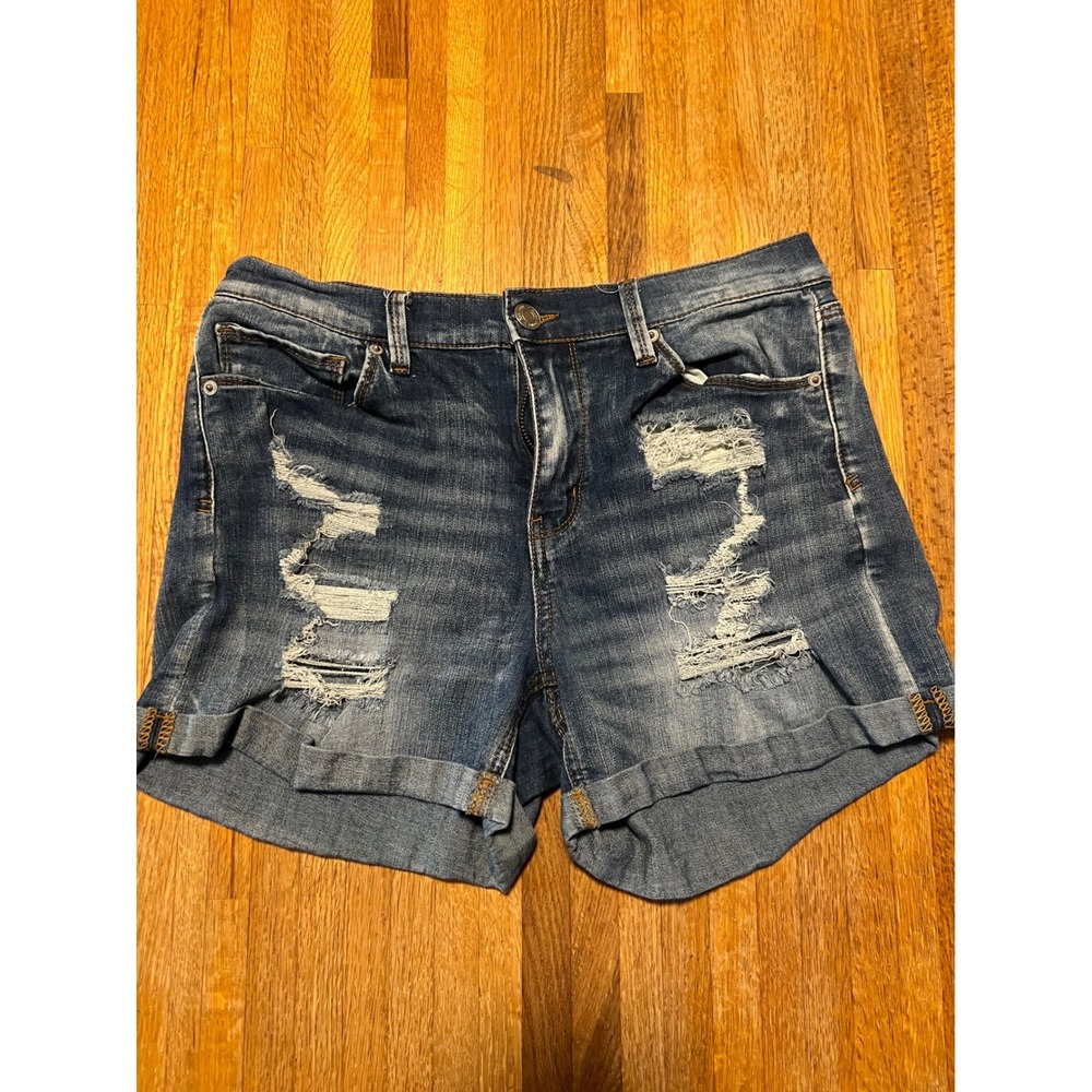 Mudd FLX Stretch Women 13 Blue Denim Mid Rise Midi Distressed Cuffed Shorts